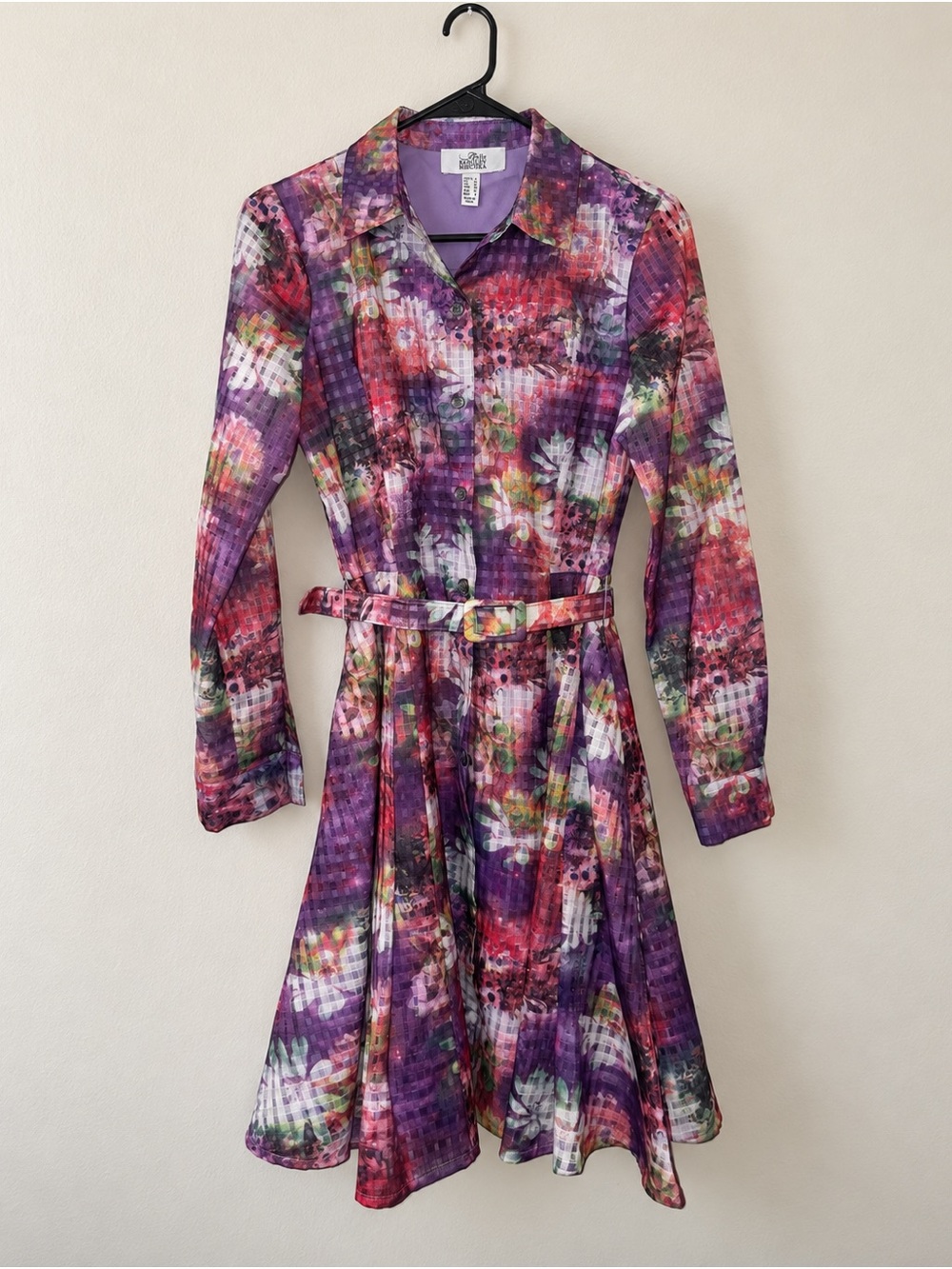 Belle Badgley Mischka Maeve Purple Floral Belted Shirt Dress Size 6